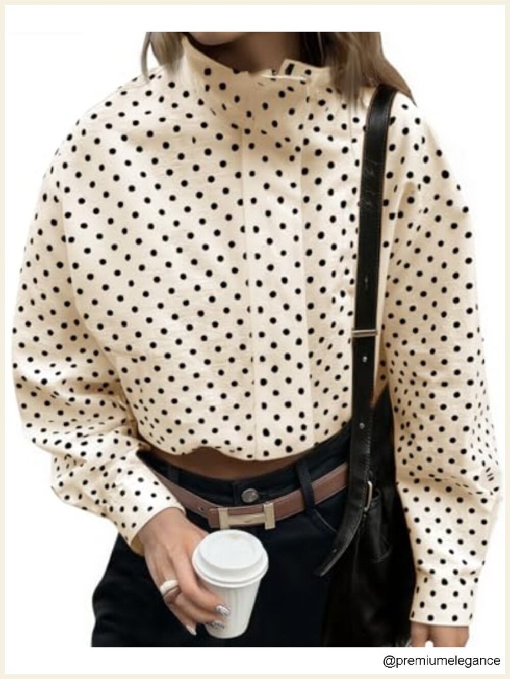 Polka Dot Zip Up Cropped Jacket, Lightweight Lapel Collar Casual Streetwear